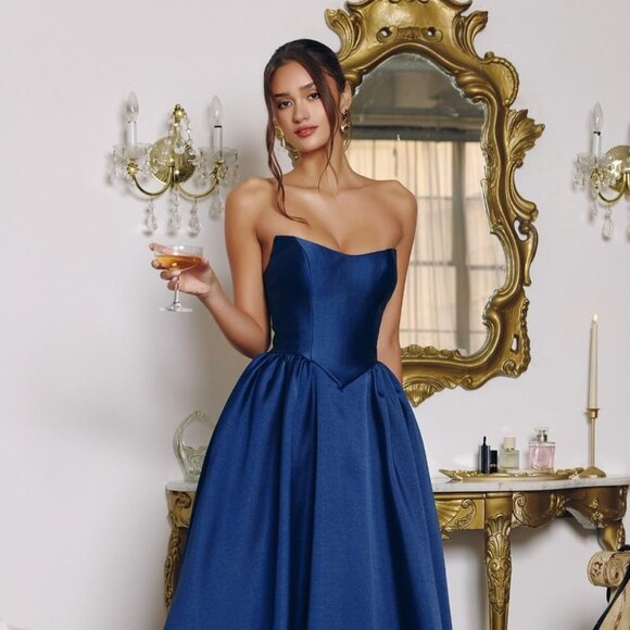 New Navy Fit and Flare Formal Dress w/ Basque Waistline & Lace Up Back CD T822 - Picture 8 of 10